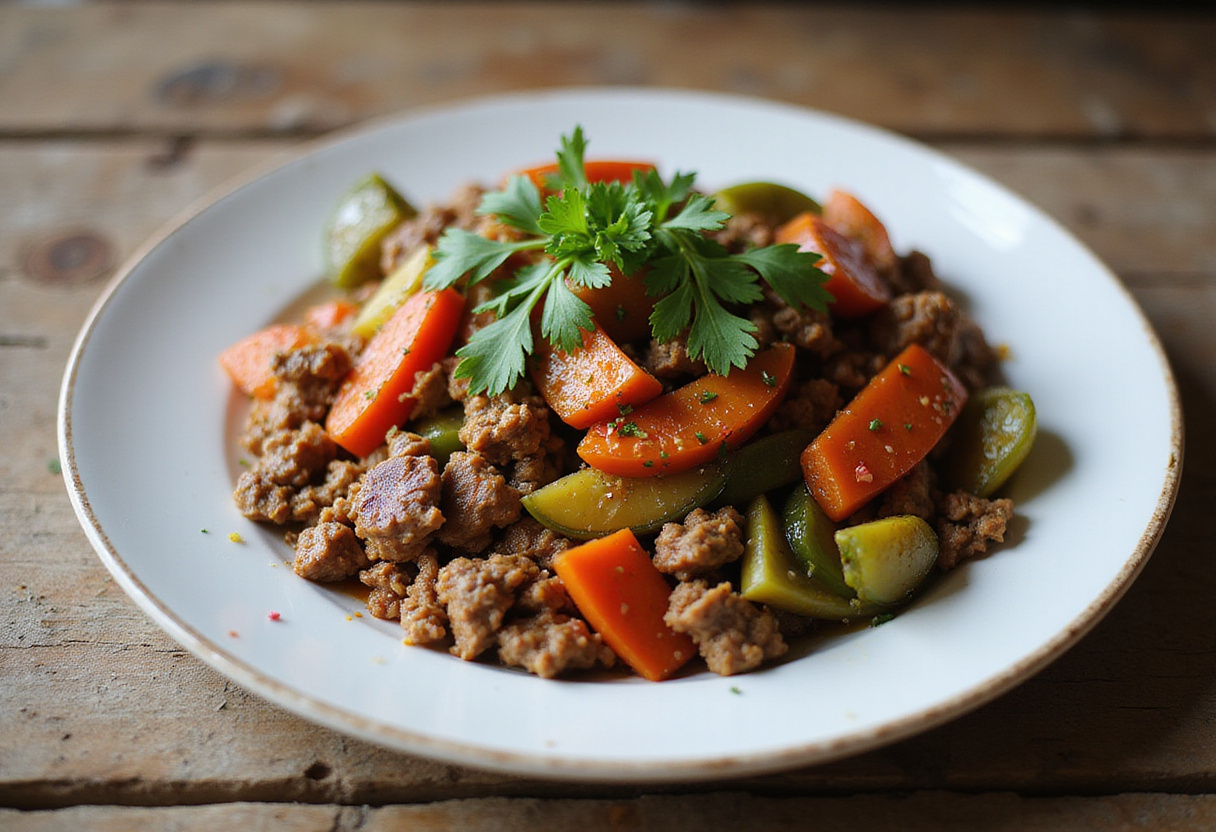 A delicious serving of Mediterranean Ground Beef Stir Fry on a plate, visually appealing with bright vegetables and garnished with parsley.