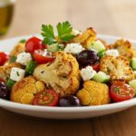 Final presentation of Mediterranean Marinated Cauliflower Salad with vibrant colors and fresh ingredients beautifully displayed.