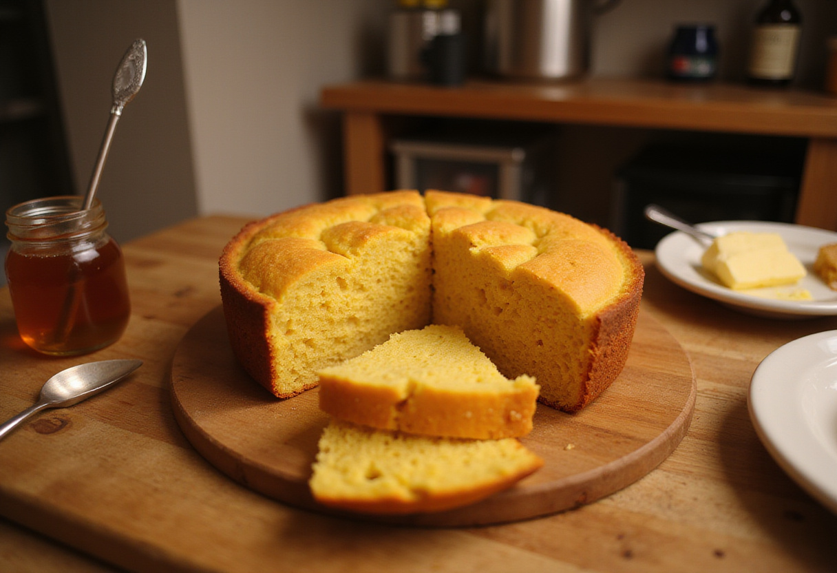 Freshly baked Navajo Cornbread displayed on a cutting board with butter and honey, showcasing its golden texture.