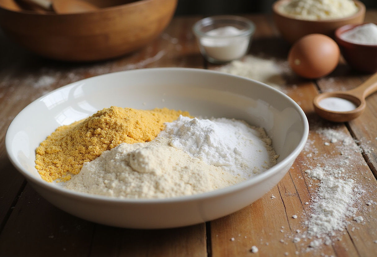 Navajo Cornbread ingredients displayed including cornmeal and flour in a rustic kitchen.