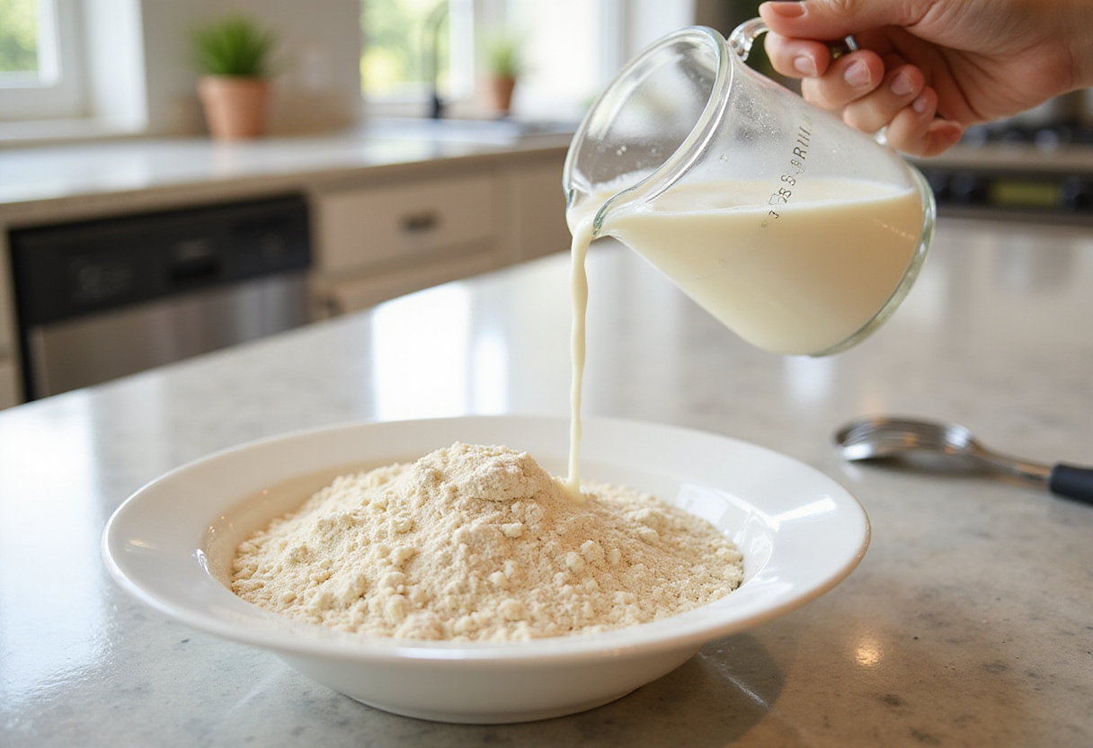 Pouring buttermilk into the mixture for Navajo Cornbread preparation with bright kitchen lighting.