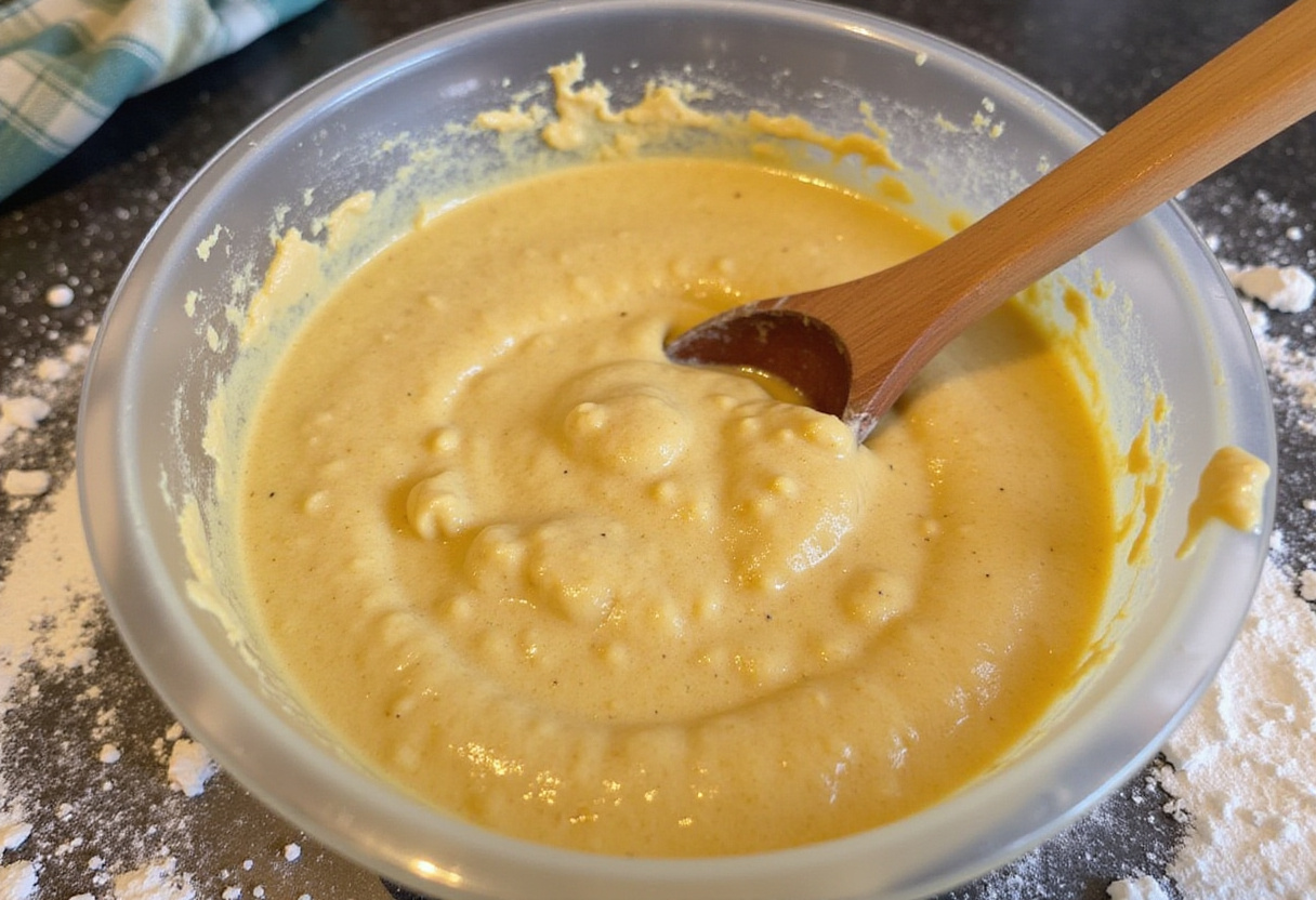 Thick batter in a bowl for Navajo Cornbread, thick and ready to bake.