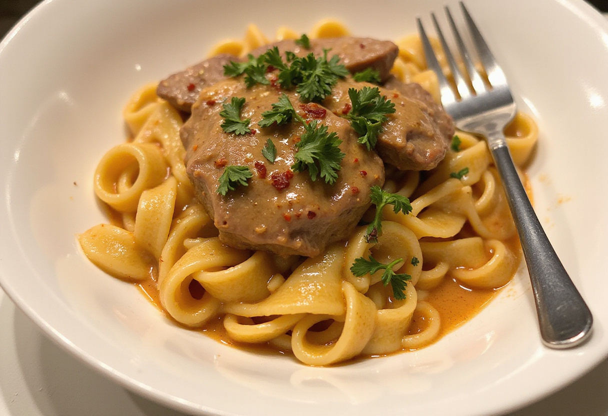 Delicious One-Pot Creamy Spicy Garlic Butter Steak & Pasta presented in a bowl, showcasing the creamy sauce, tender steak, and vibrant herbs for a mouthwatering meal.
