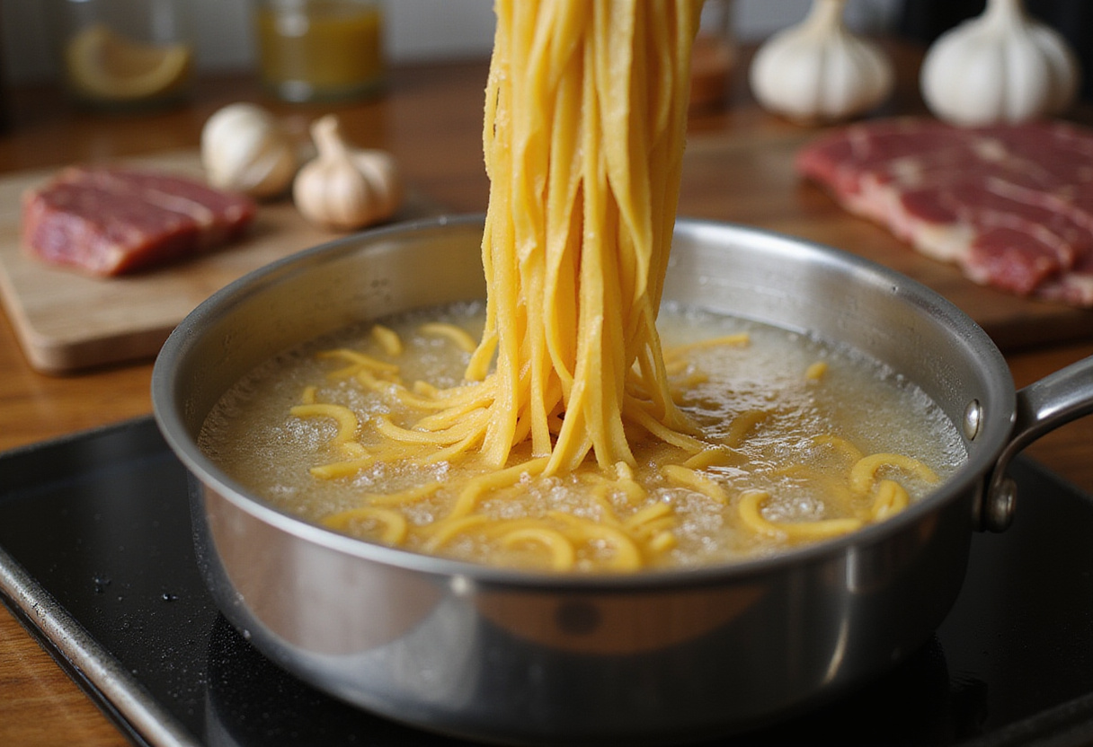One-Pot Creamy Spicy Garlic Butter Steak & Pasta preparation with pasta cooking in boiling water and fresh ingredients on a kitchen countertop.