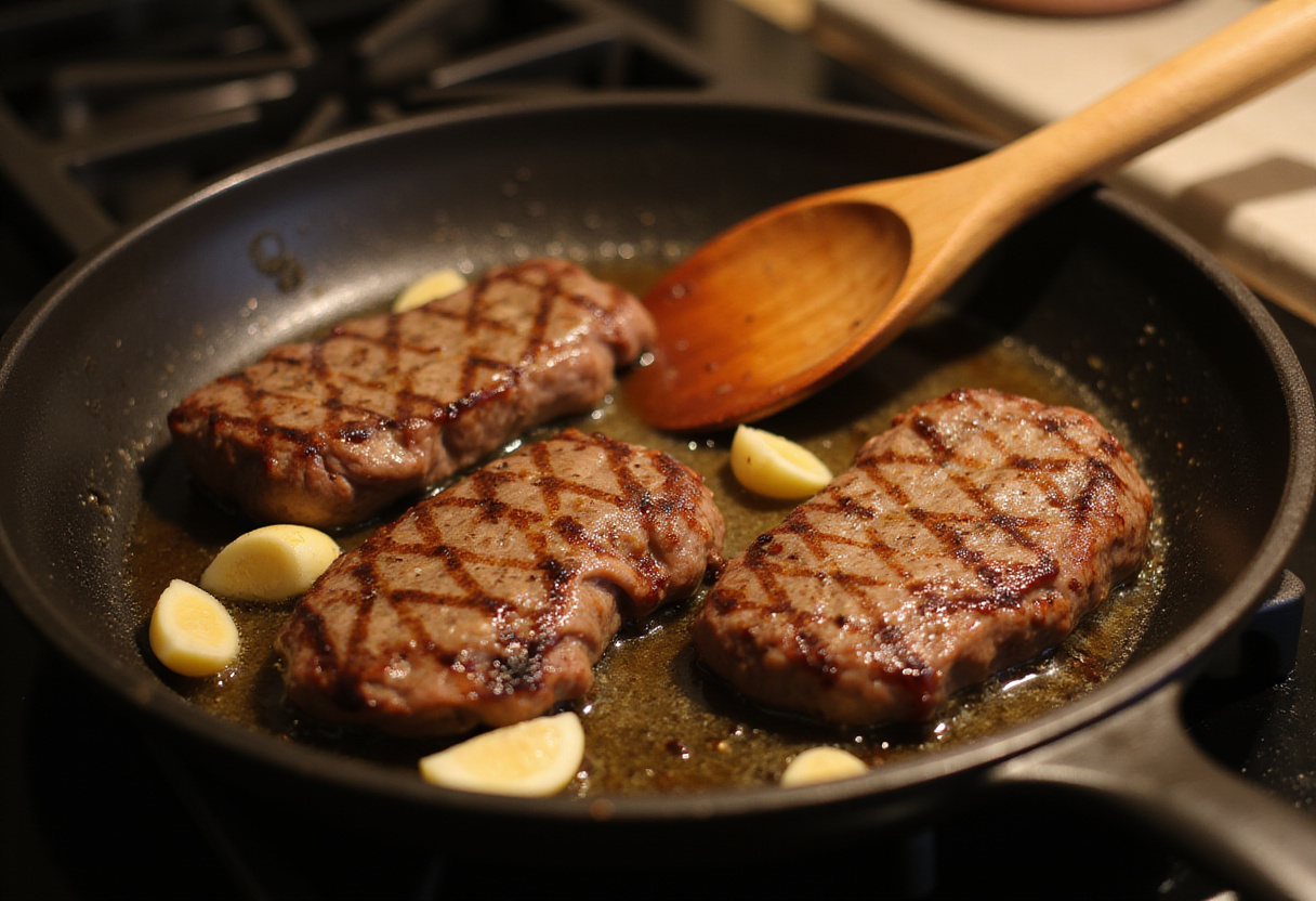 Cooking steak for One-Pot Creamy Spicy Garlic Butter Steak & Pasta with garlic butter melting in a skillet, showcasing a delicious kitchen scene.