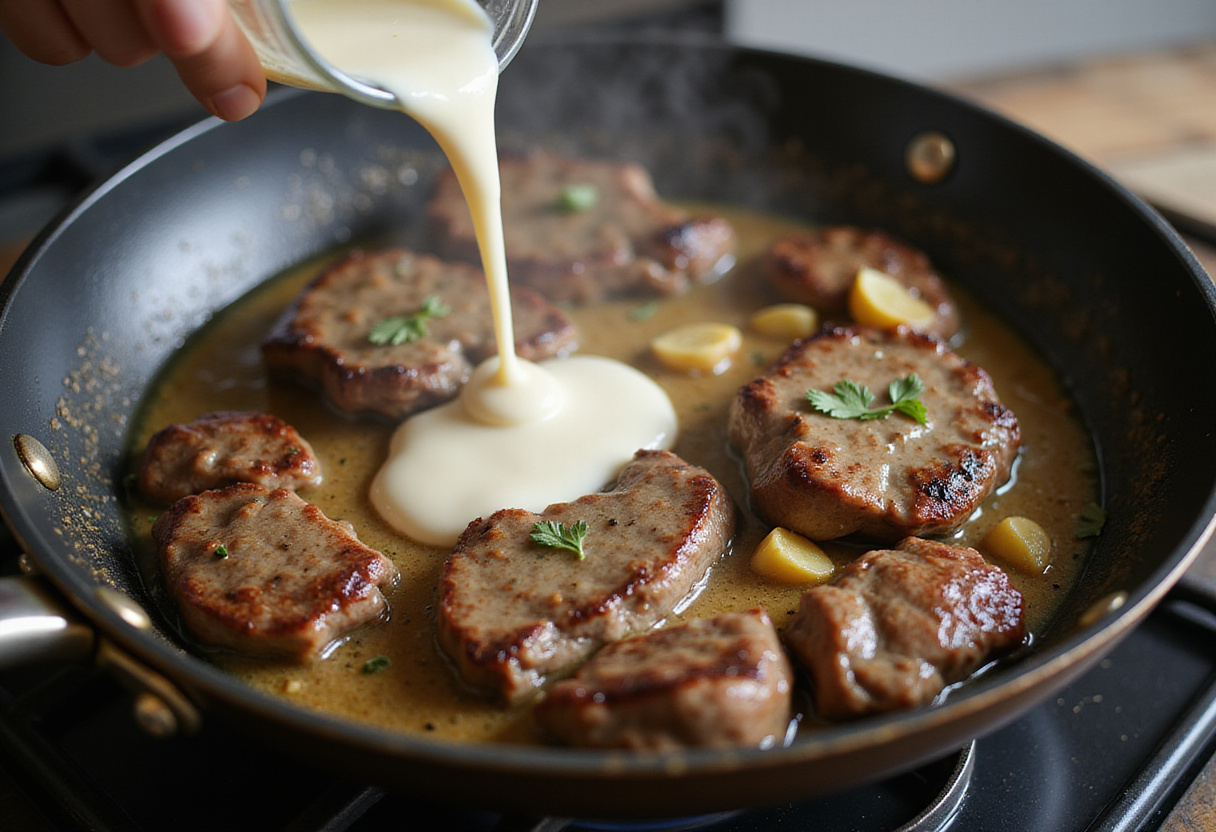 Adding cream to create a thick sauce for One-Pot Creamy Spicy Garlic Butter Steak & Pasta, enhancing the dish's flavors in a vibrant kitchen setting.
