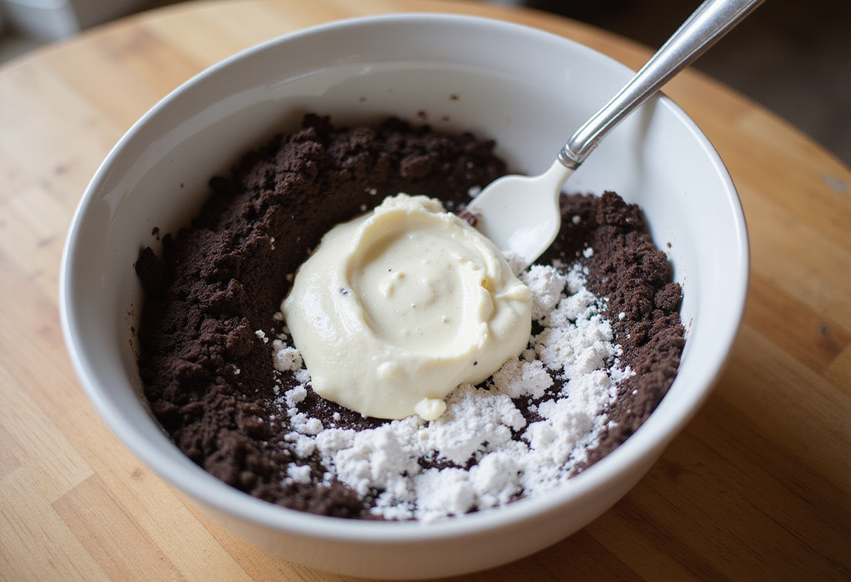 Oreo cream cheese mixture preparation for an indulgent cheesecake sushi roll recipe with crushed Oreos and sweet cream cheese.