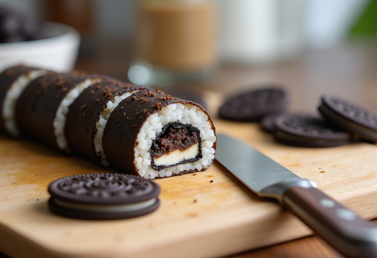 Sliced Oreo cream cheese sushi rolls on a wooden board, showcasing the delicious layers of creamy filling and crushed Oreos for a unique dessert experience.