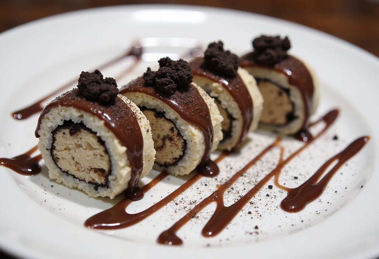 Elegant display of finished Oreo cream cheese cheesecake sushi rolls on a plate, adorned with chocolate drizzle and crushed Oreo crumbs for a delightful dessert.