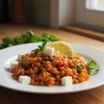 A stunning final presentation of Orientalischer Rote Linsen Salat mit Feta, emphasizing the healthy ingredients and inviting colors of the dish.