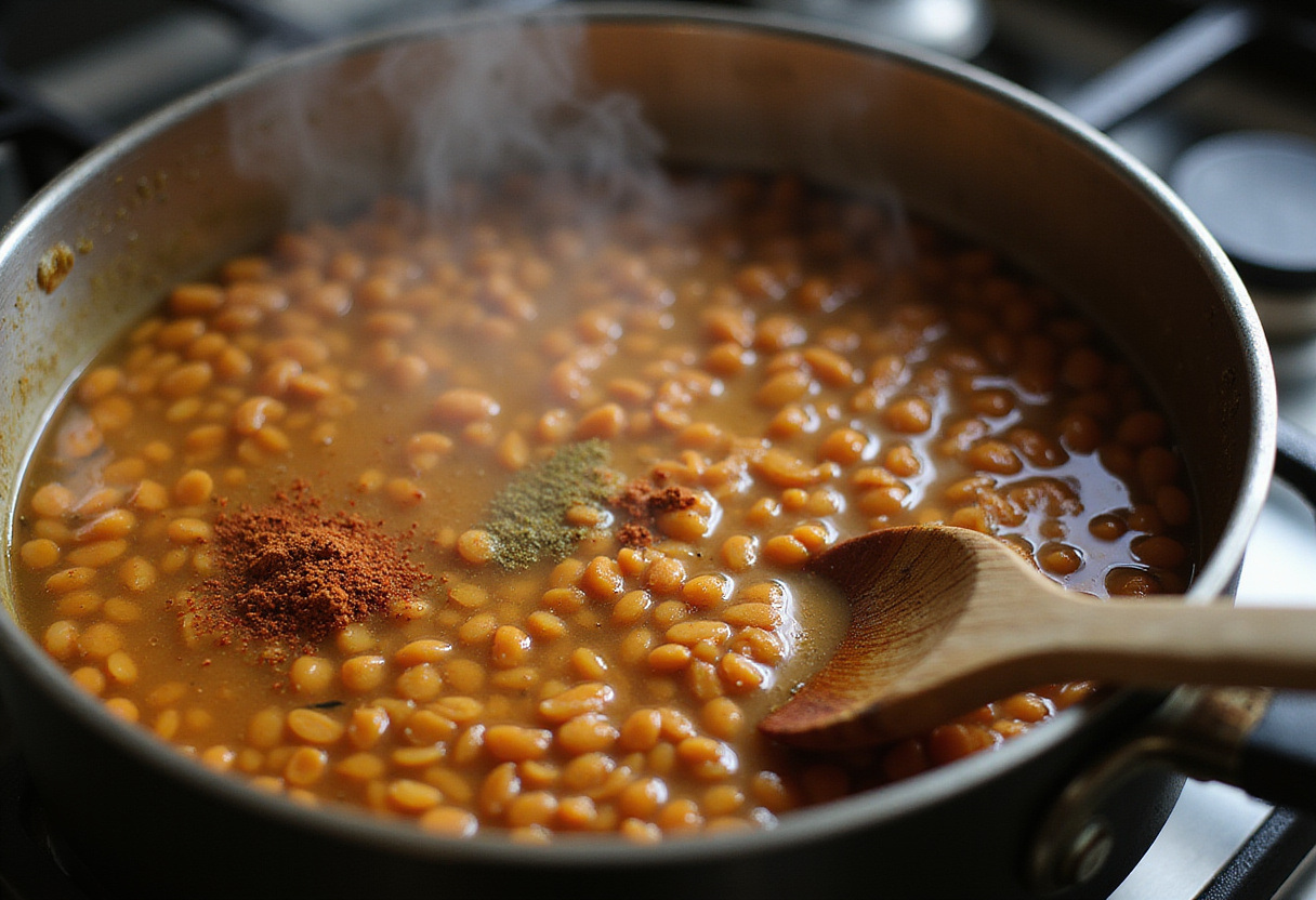 Cooking red lentils in a pot, a key step in making Orientalischer Rote Linsen Salat mit Feta, ensuring tender lentils for a flavorful salad.