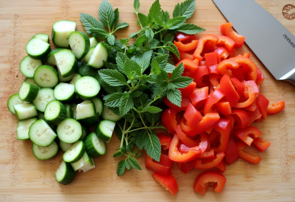 Preparing fresh vegetables and herbs for Orientalischer Rote Linsen Salat mit Feta, highlighting the colorful and healthy ingredients in the dish.