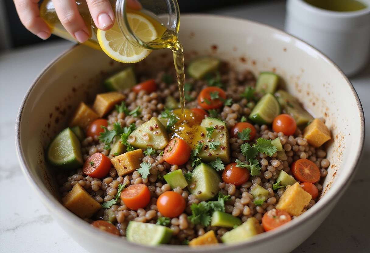 Mixing red lentils with fresh vegetables to create a vibrant Orientalischer Rote Linsen Salat mit Feta, showcasing the harmony of flavors.