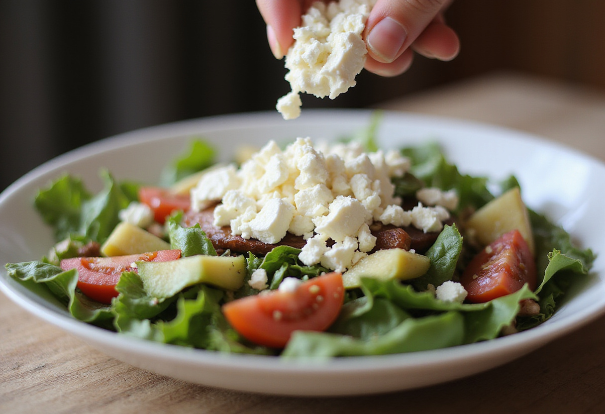 Adding crumbled feta cheese to Orientalischer Rote Linsen Salat, an essential step to elevate the dish with creamy texture and flavor.