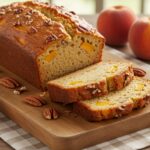 Sliced peach pecan bread displayed invitingly with fresh peaches and pecans, representing the delightful finished dish in a homey kitchen.