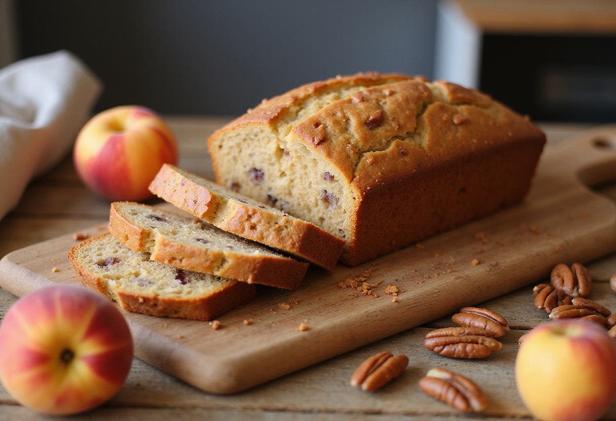 Sliced peach pecan bread displayed invitingly with fresh peaches and pecans, representing the delightful finished dish in a homey kitchen.