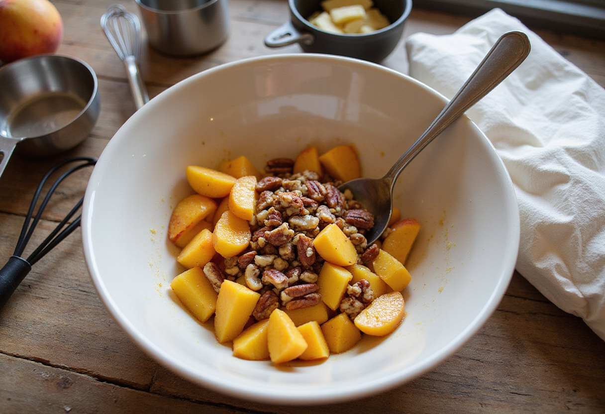 Delicious peach pecan bread ingredients including diced peaches and chopped pecans being prepared in a rustic kitchen setting.