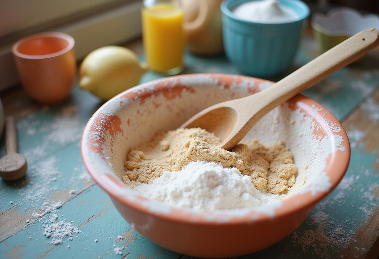 Mixing dry ingredients for peach pecan bread in a bright, inviting kitchen to create a perfect batter.