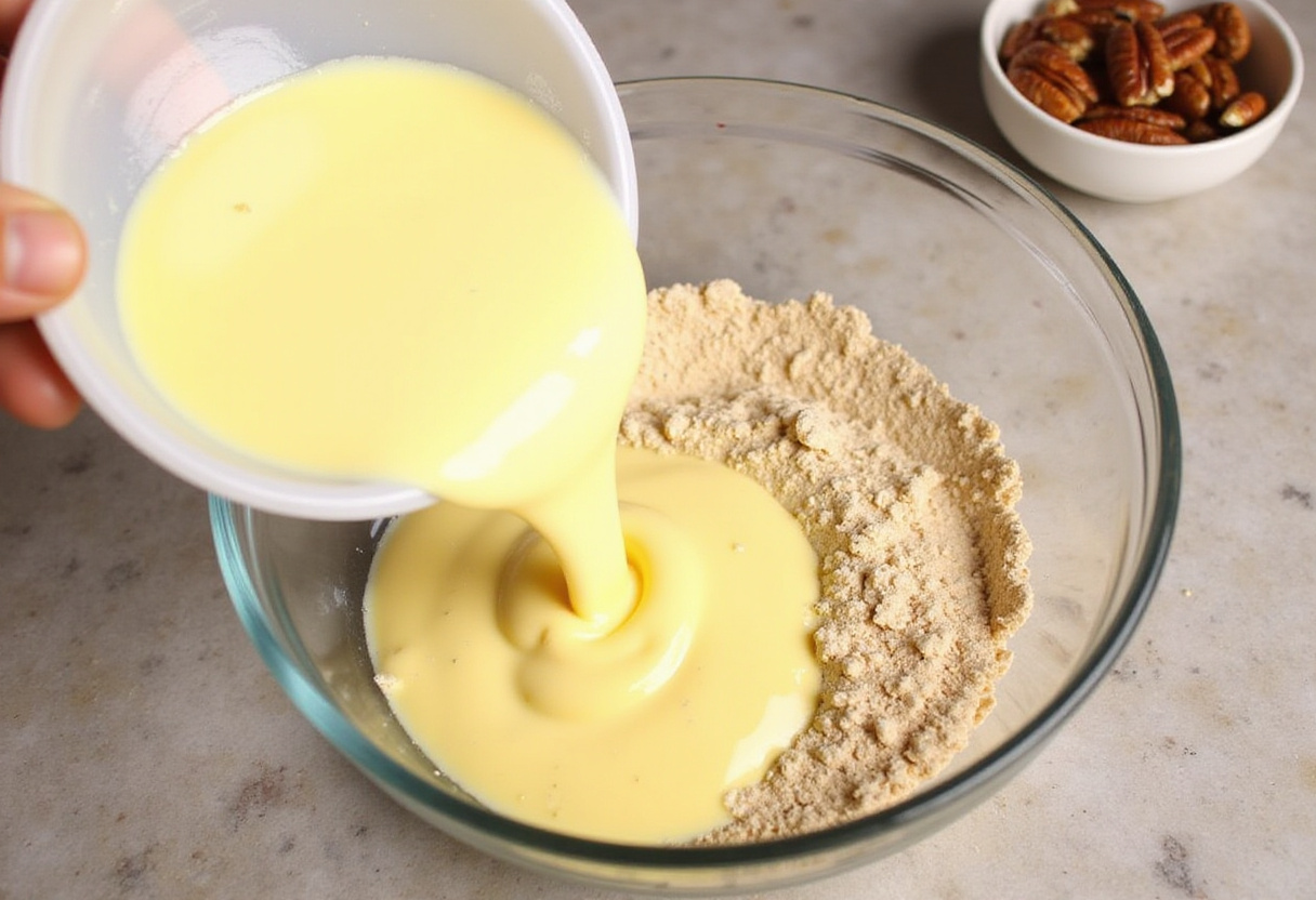 Combining wet and dry ingredients to create peach pecan bread batter in a cozy kitchen environment.