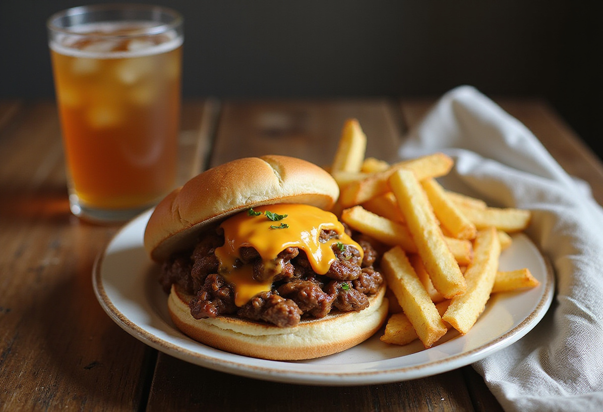 Final presentation of Philly Cheesesteak Sloppy Joes accompanied by crispy fries, perfect for a hearty meal.