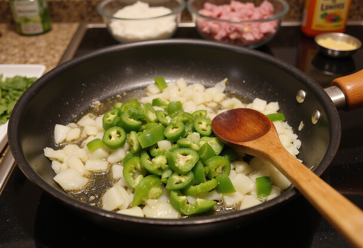 Cooking onions and green bell peppers for Philly Cheesesteak Sloppy Joes in a skillet, showcasing the preparation process.