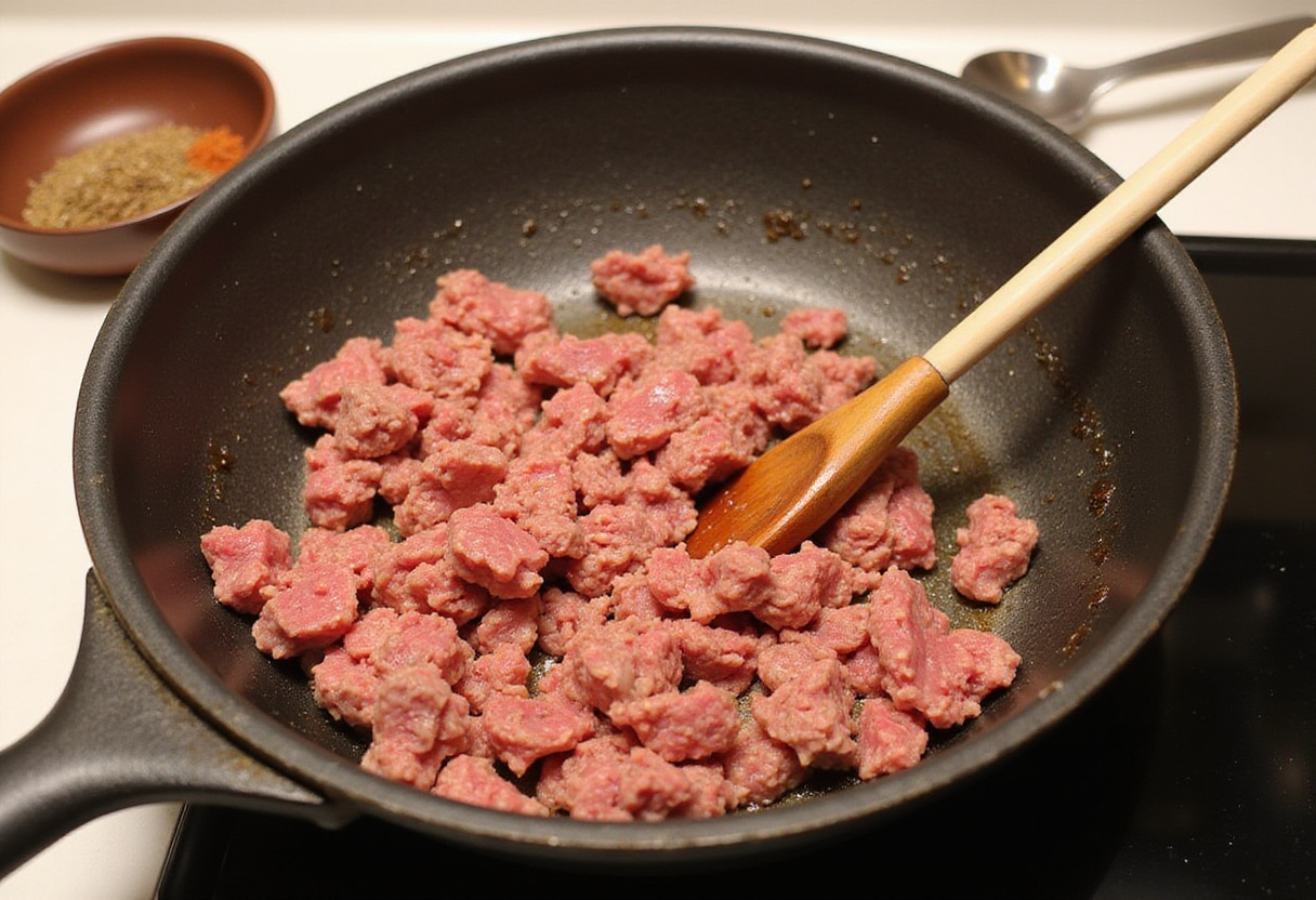 Browning ground beef for Philly Cheesesteak Sloppy Joes, highlighting the key step in creating hearty flavors.