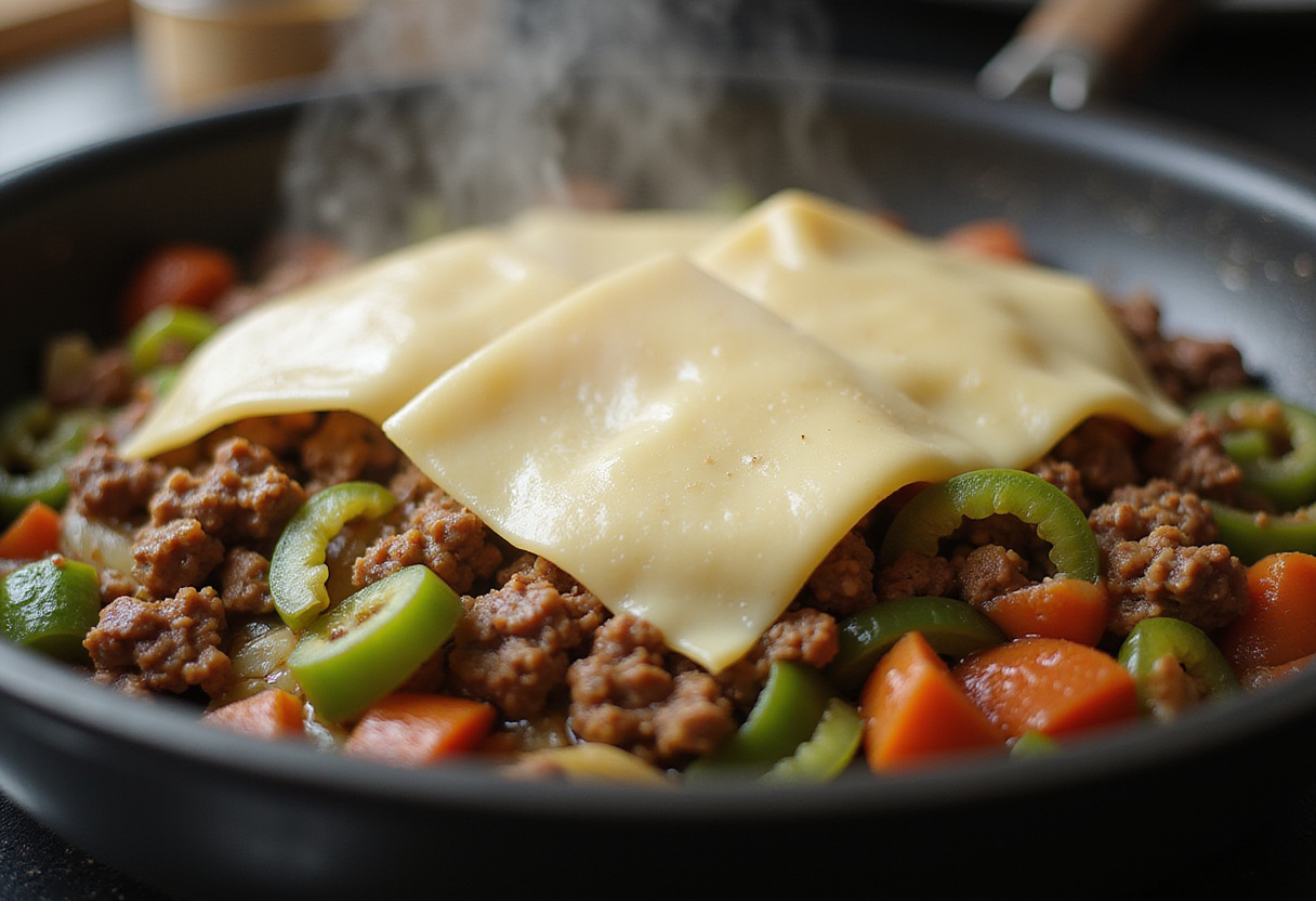 Combining ground beef with sautéed onions, bell peppers, and melting provolone cheese for Philly Cheesesteak Sloppy Joes.
