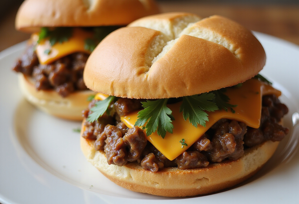 Toasted buns filled with the mixture for Philly Cheesesteak Sloppy Joes, showcasing the delicious final assembly.