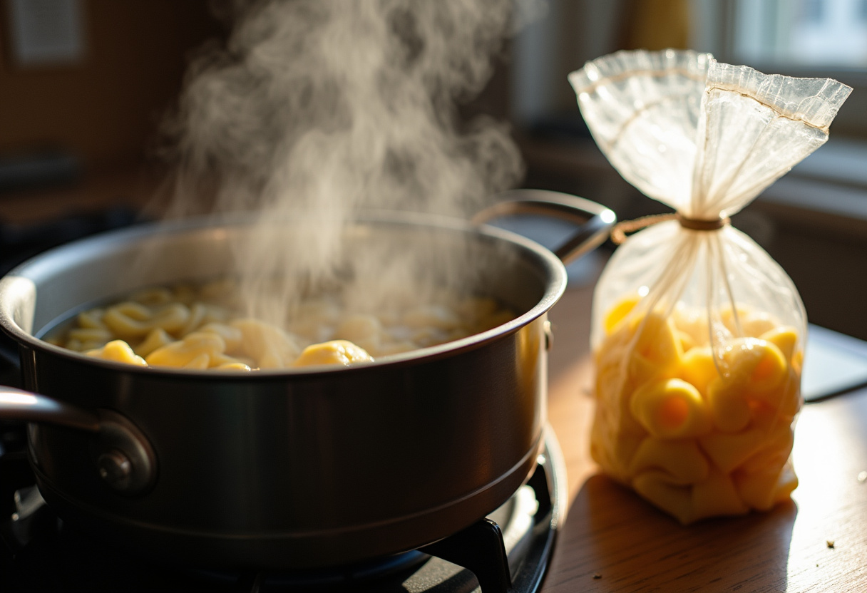 Boiling water for tortellini in a kitchen, preparing delicious Philly cheesesteak tortellini pasta.