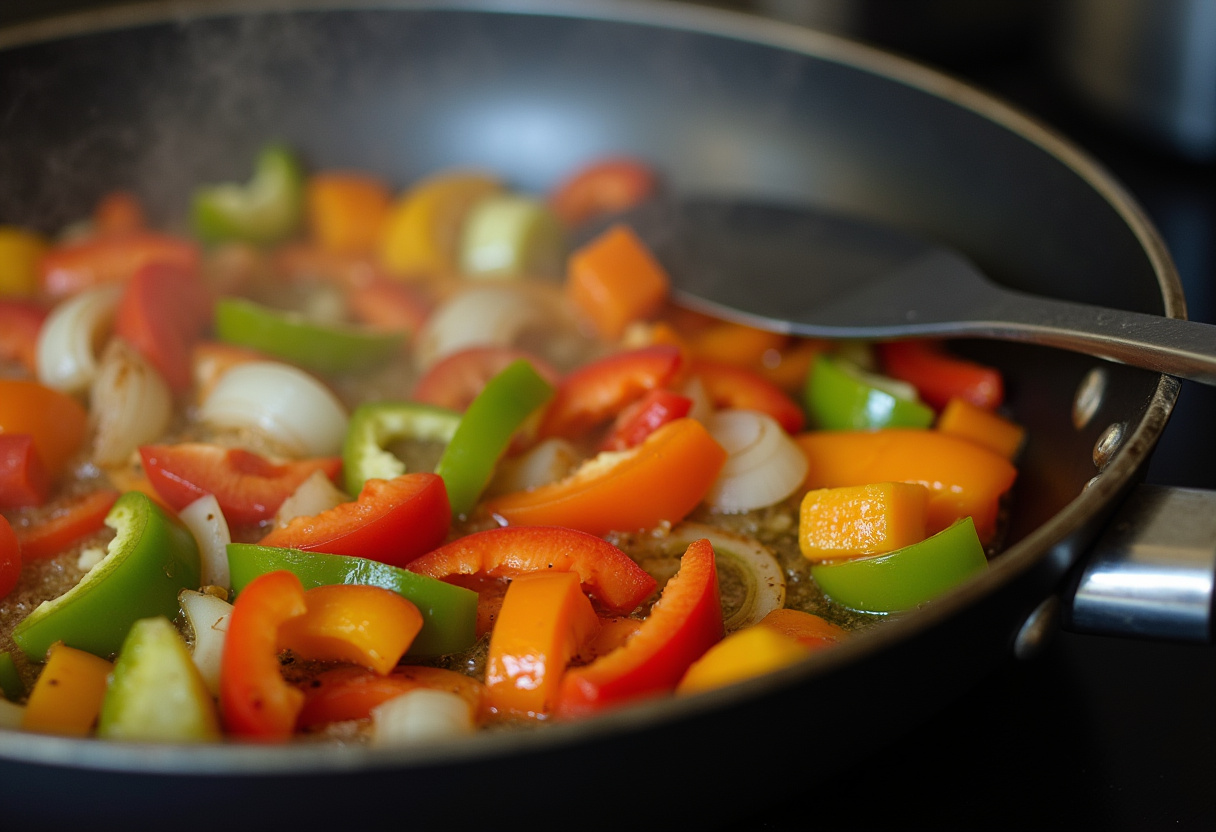 Cooking sliced bell peppers and onions for Philly cheesesteak tortellini pasta, showcasing vibrant vegetables steaming in a skillet.