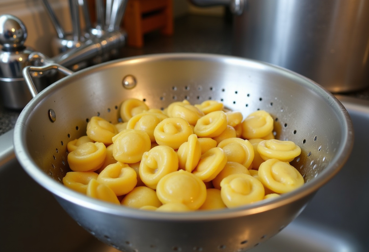 Draining cooked tortellini for a tasty Philly cheesesteak tortellini dish, capturing the preparation process in a kitchen.