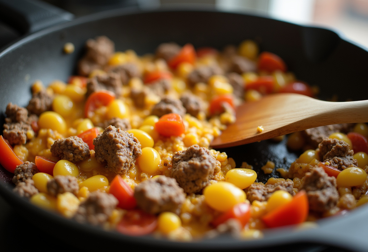 Making the filling for Philly cheesesteak tortellini pasta, capturing the harmonious blend of beef, cheese, and vegetables in a skillet.