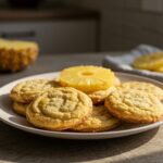 Delicious and visually appealing Pineapple Upside Sugar Cookies displayed on a rustic kitchen table with a slice of pineapple garnish.