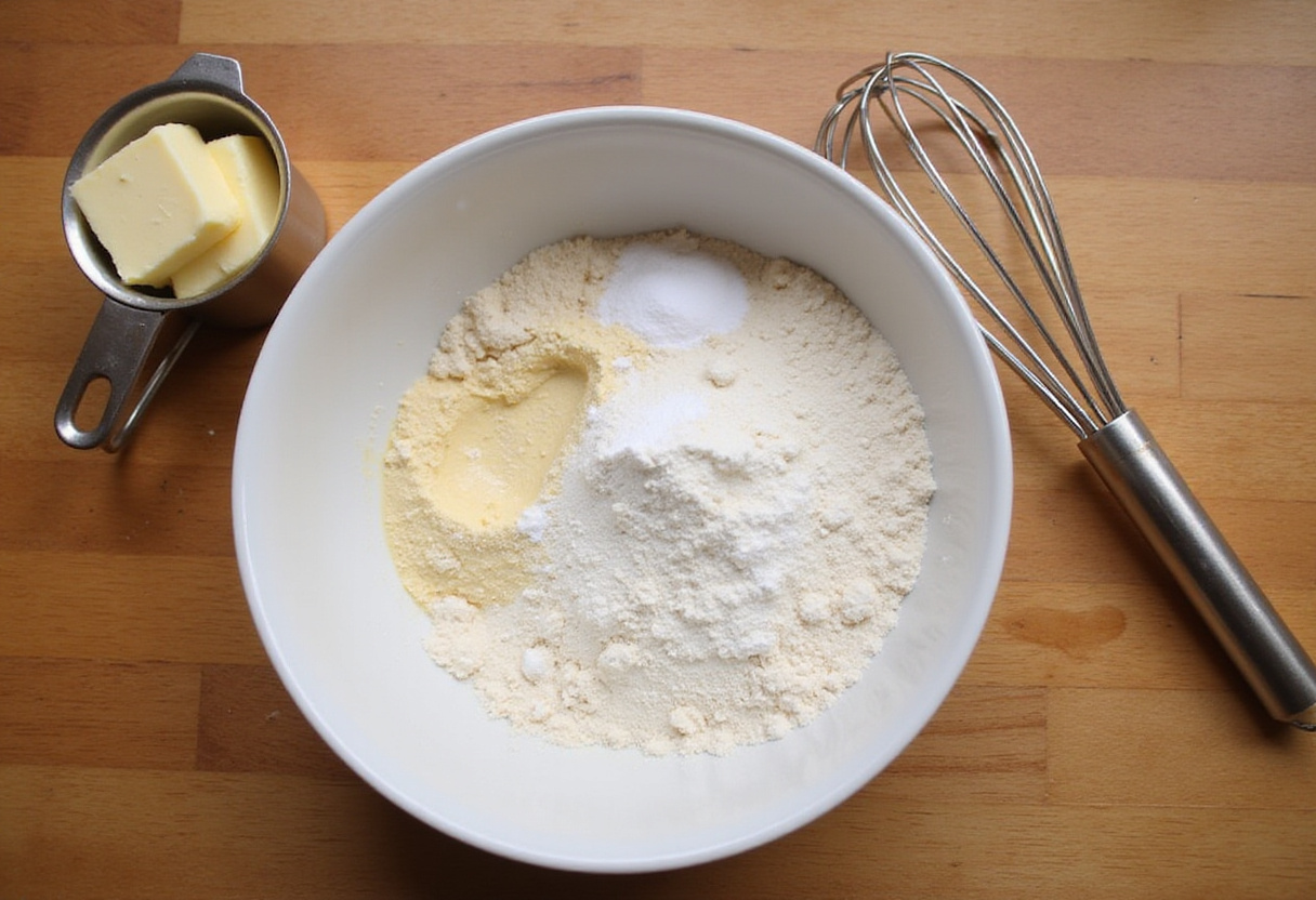 Mixing dry ingredients for Pineapple Upside Sugar Cookies on a wooden countertop, showcasing sugar, flour, and baking powder.