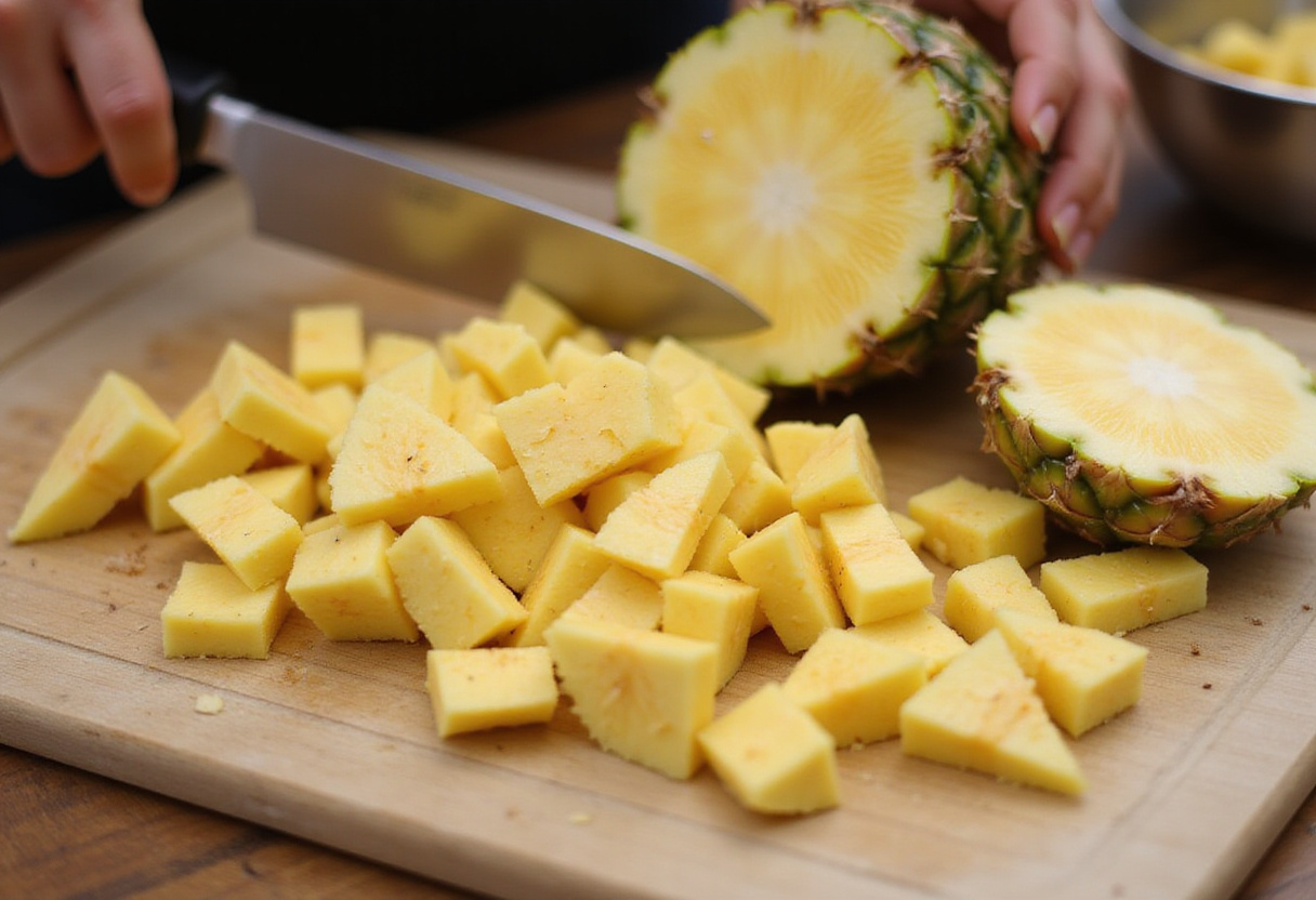 Preparing fresh pineapple for Pineapple Upside Sugar Cookies, focusing on diced pineapple chunks on a cutting board.