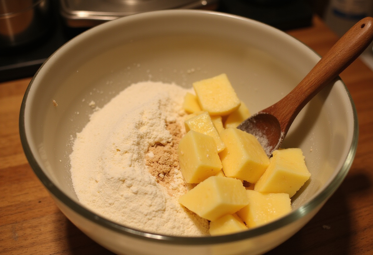 Combining ingredients for Pineapple Upside Sugar Cookies, showing a mixture with pineapple added, in a warmly lit kitchen setting.