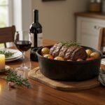 Final presentation of pot roast meal with vegetables and garnishes, ideal for an easy and quick family dinner.