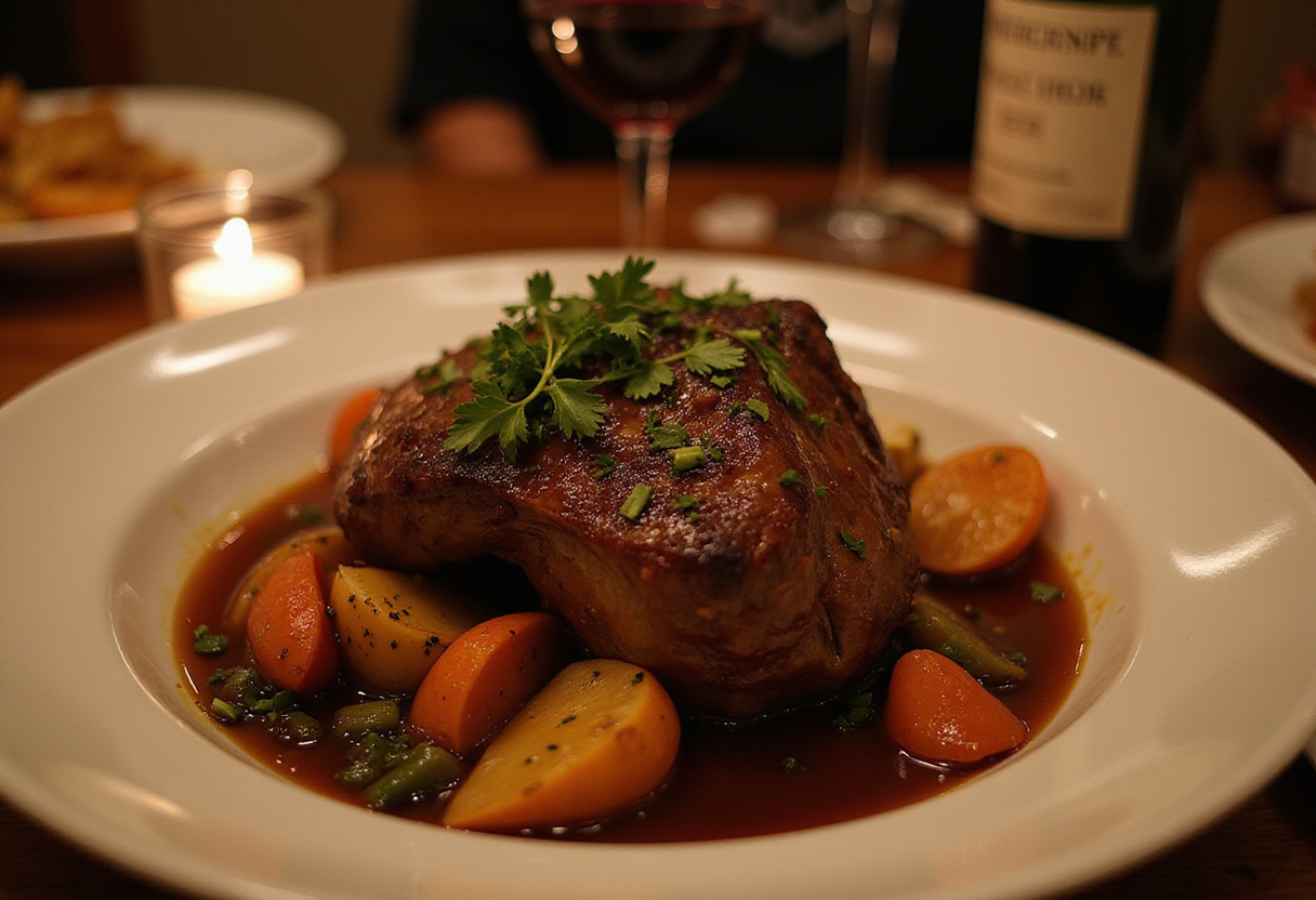 Final presentation of pot roast meal with vegetables and garnishes, ideal for an easy and quick family dinner.
