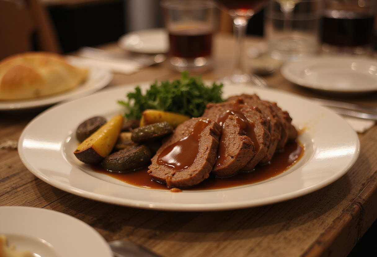 Sliced beef pot roast with vegetables on a plate, showcasing a delightful easy recipe in a rustic dining environment.