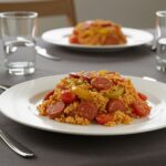 Final presentation of Riz au Chorizo et à la Tomate, highlighting its vibrant colors and appetizing appeal in a dining setting.