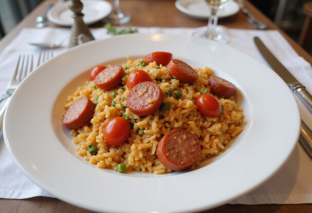 Final presentation of Riz au Chorizo et à la Tomate, highlighting its vibrant colors and appetizing appeal in a dining setting.
