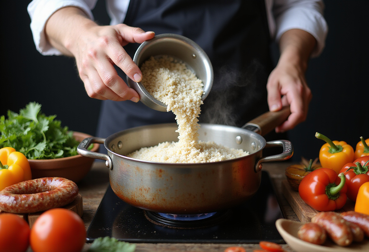 Rice preparation in a pot with chorizo, tomatoes, and bell peppers for a delicious Riz au Chorizo et à la Tomate.