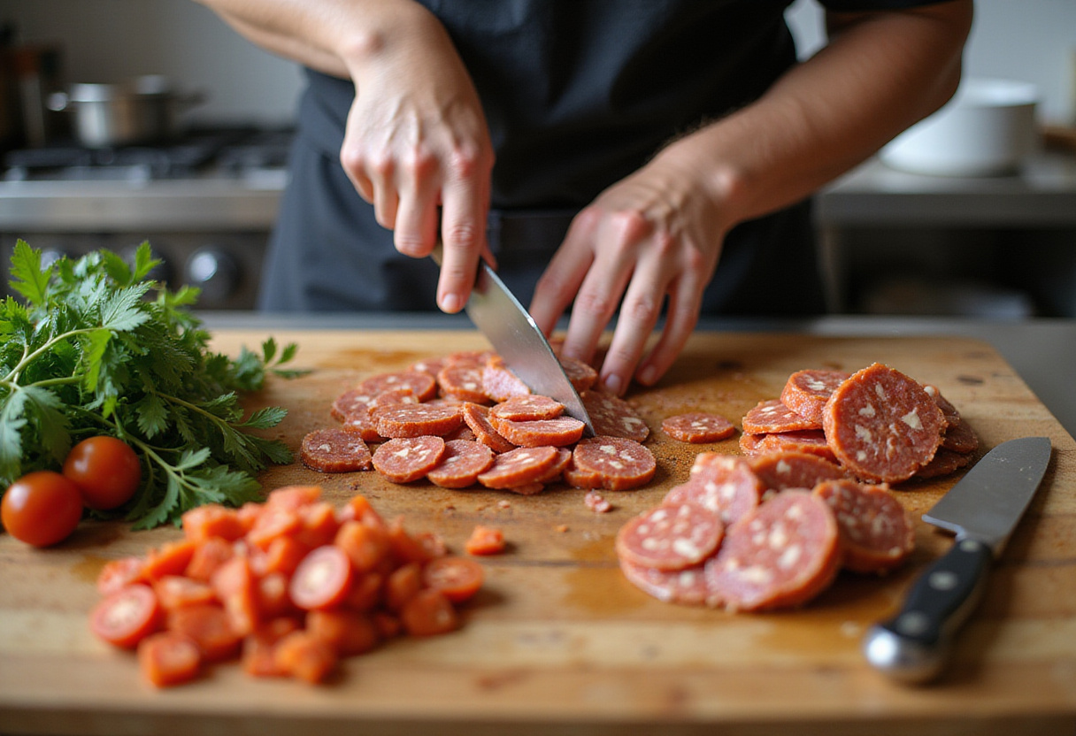 Slicing chorizo sausage with diced tomatoes for a flavorful Riz au Chorizo et à la Tomate recipe.
