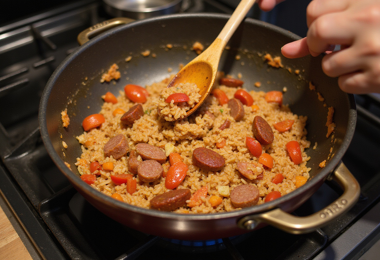 Simmering pot of rice mixed with chorizo and tomatoes, capturing the essence of Riz au Chorizo et à la Tomate.