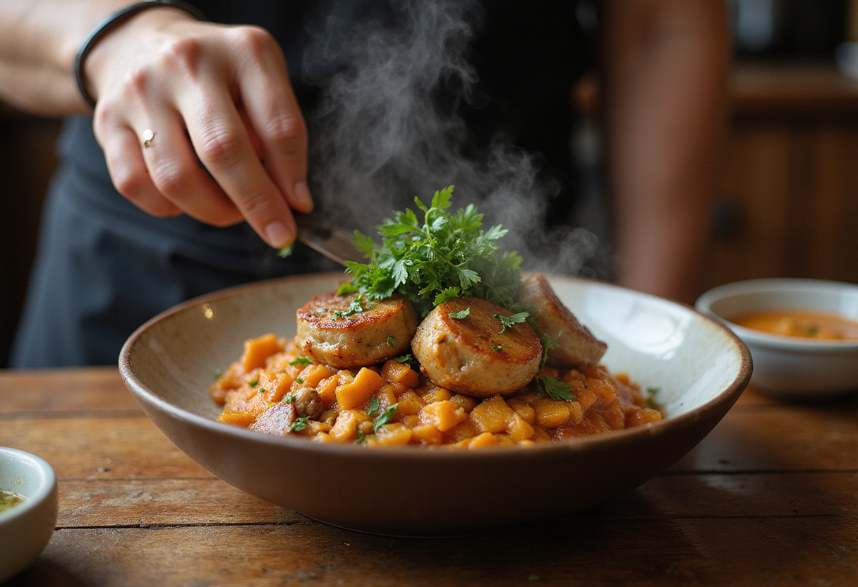 Garnishing Riz au Chorizo et à la Tomate in a bowl, ready to be served with fresh herbs for an inviting presentation.