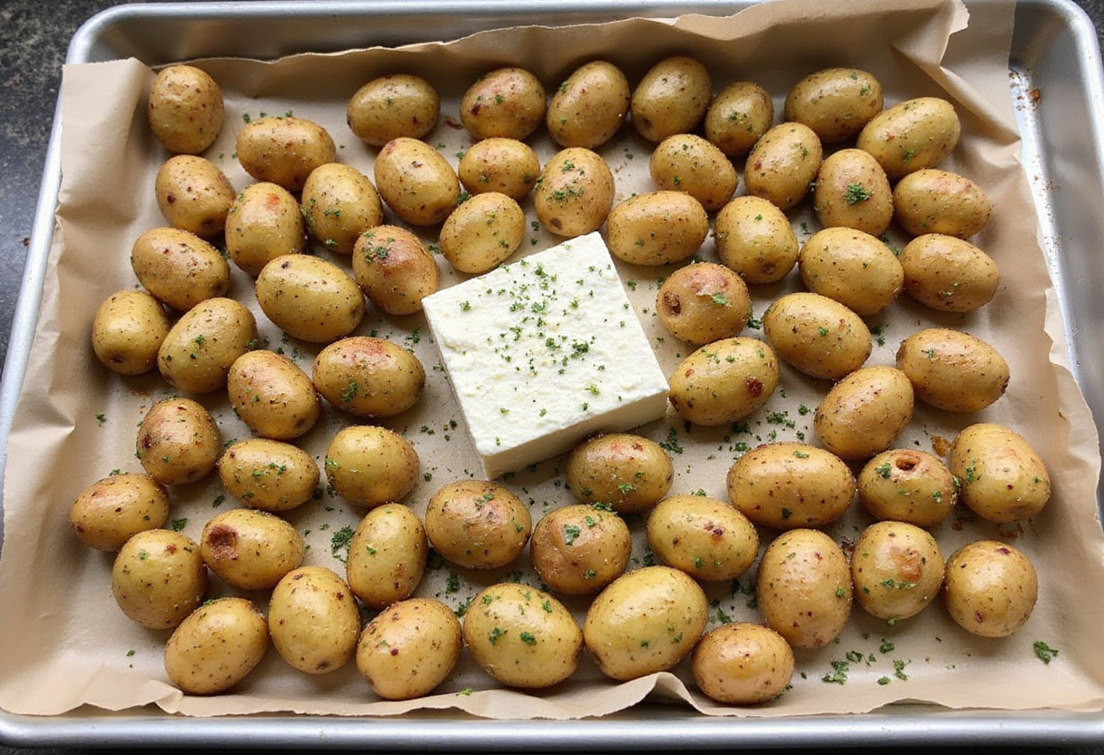 Baking setup for Roasted Potatoes with Baked Feta and Garlic, featuring potatoes and feta cheese arranged for roasting.