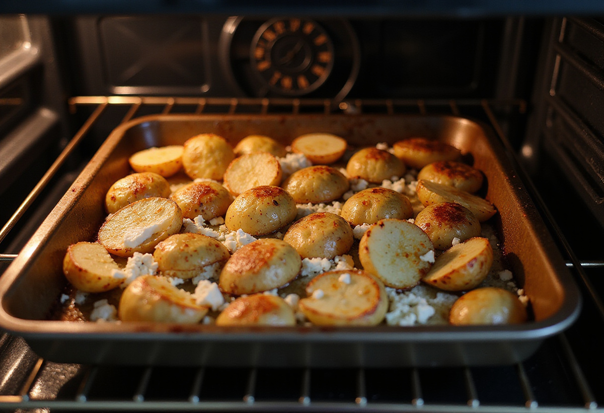 Oven view of Roasted Potatoes with Baked Feta and Garlic, highlighting the crispy potatoes and melting feta cheese.