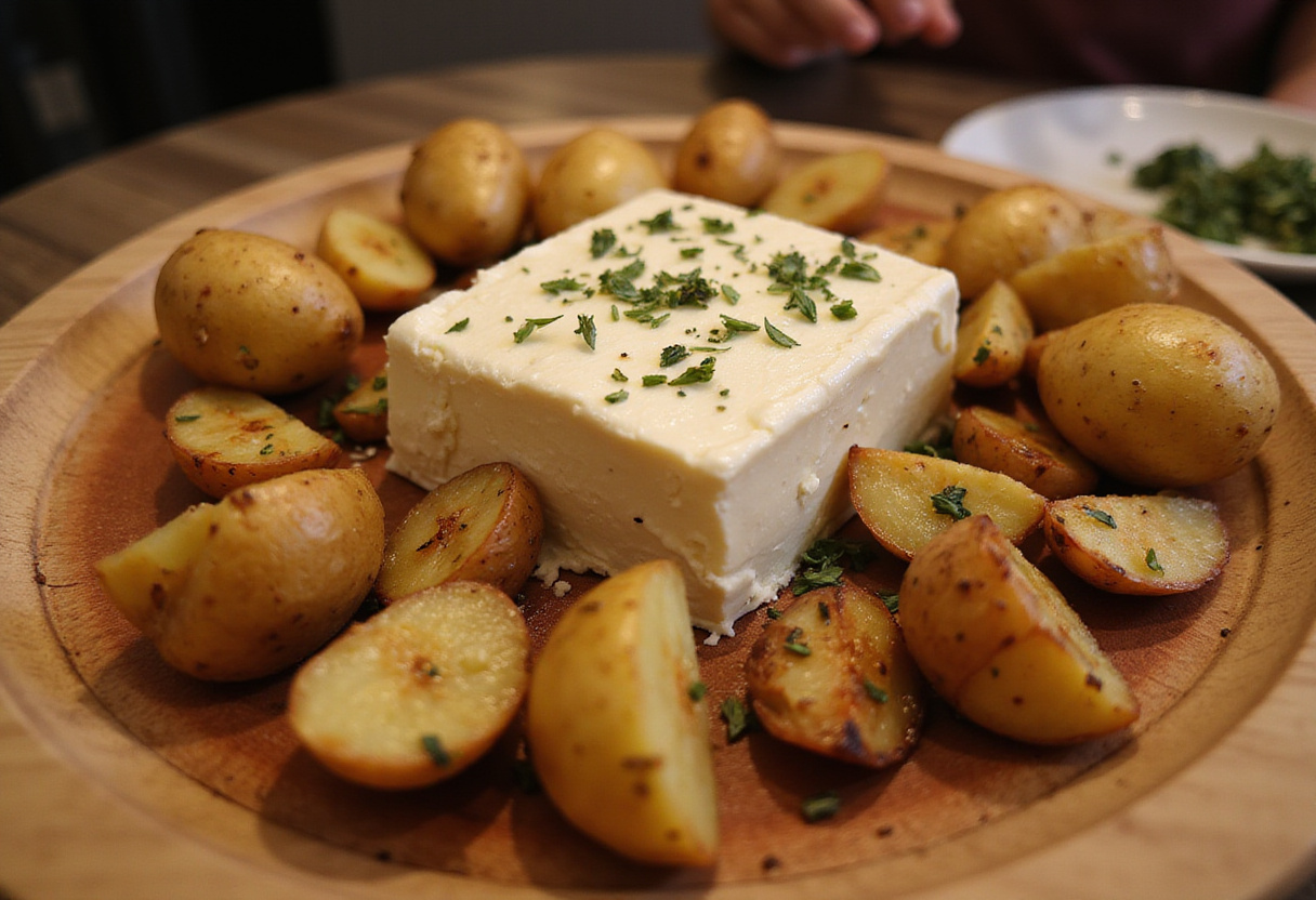 Final presentation of Roasted Potatoes with Baked Feta and Garlic, beautifully served on a rustic wooden board.