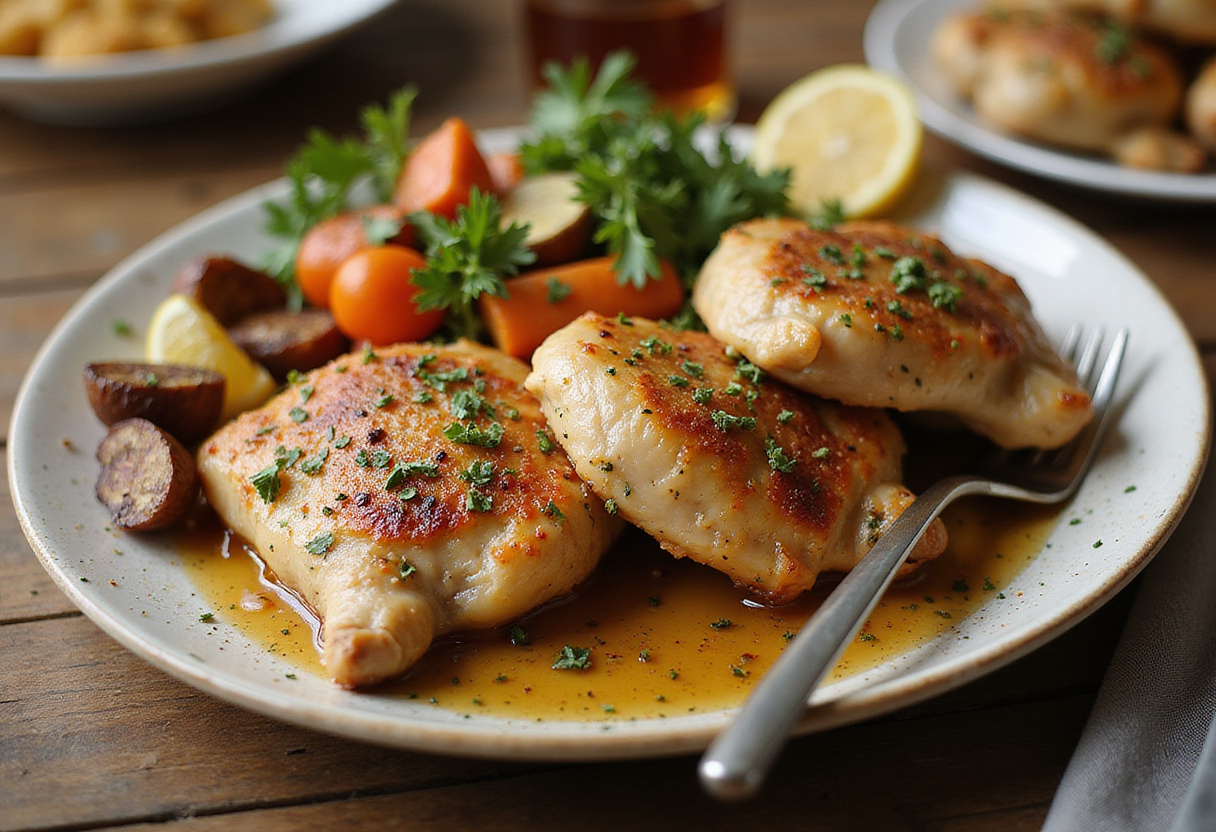 Delicious Savory Lemon Herb Roasted Chicken Thighs served as a centerpiece for any occasion, perfect for gatherings.