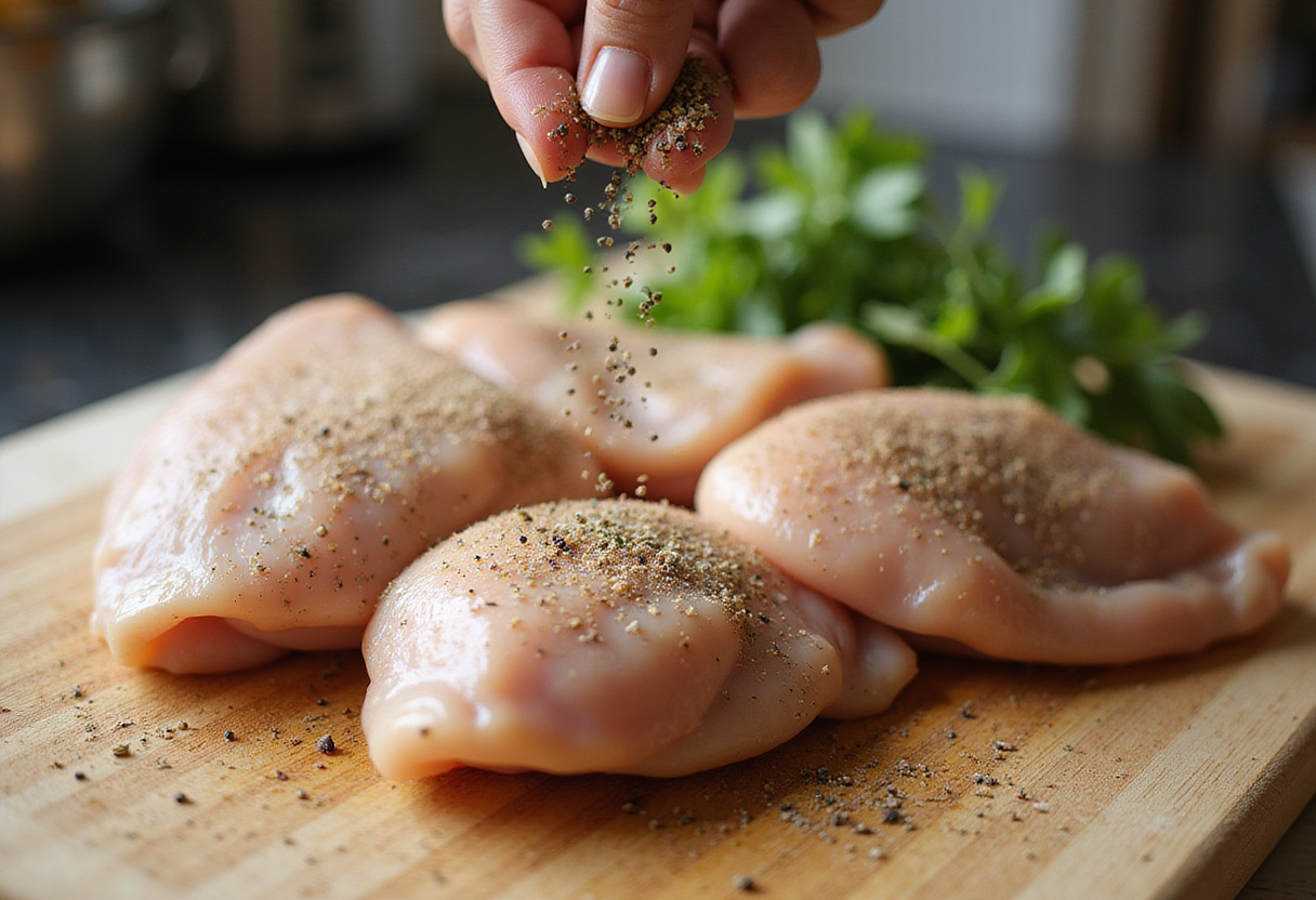 Savory Lemon Herb Roasted Chicken Thighs seasoning with fresh herbs and spices for a flavorful meal.